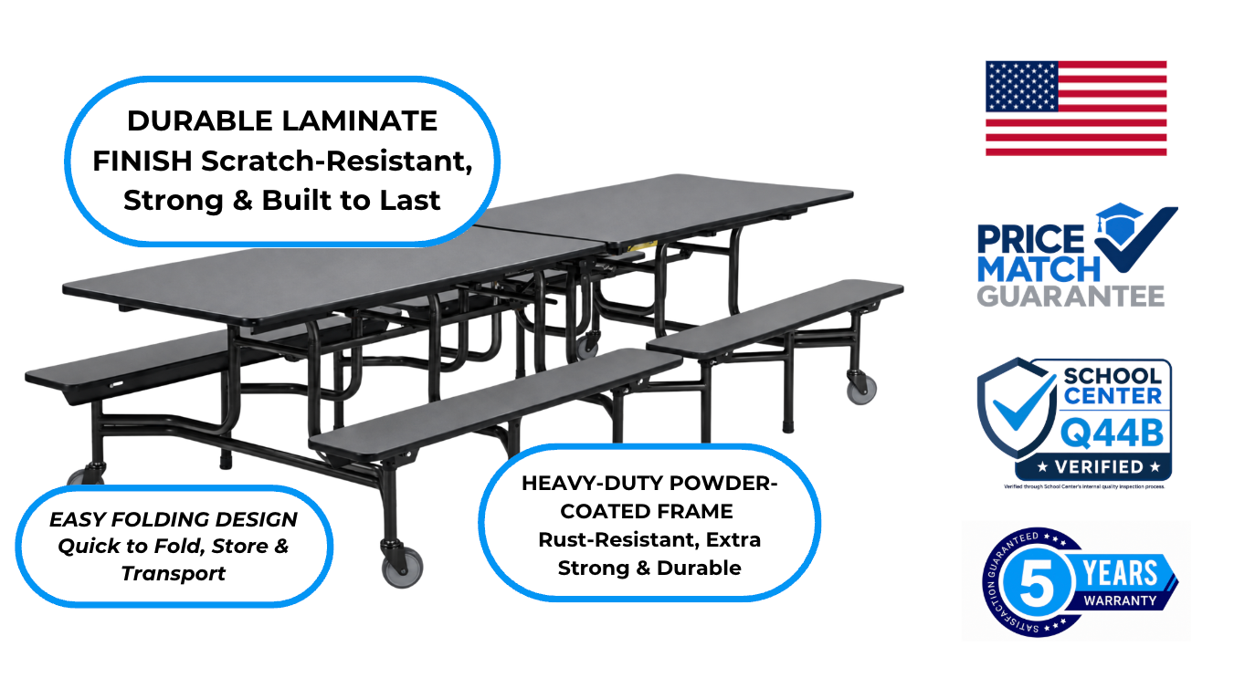 Cafeteria table features: durable laminate finish, easy folding design, heavy-duty powder-coated frame, USA-made, price match guarantee, quality verified and 5-year warranty.