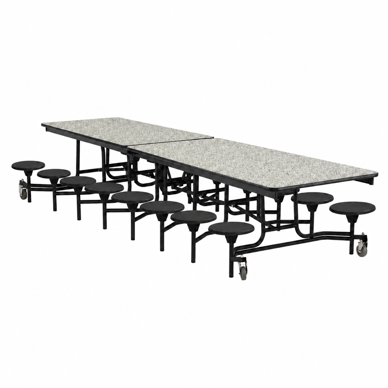 Mobile Cafeteria Table — 13 ft — 16 Stools — Pepper Granite / Black