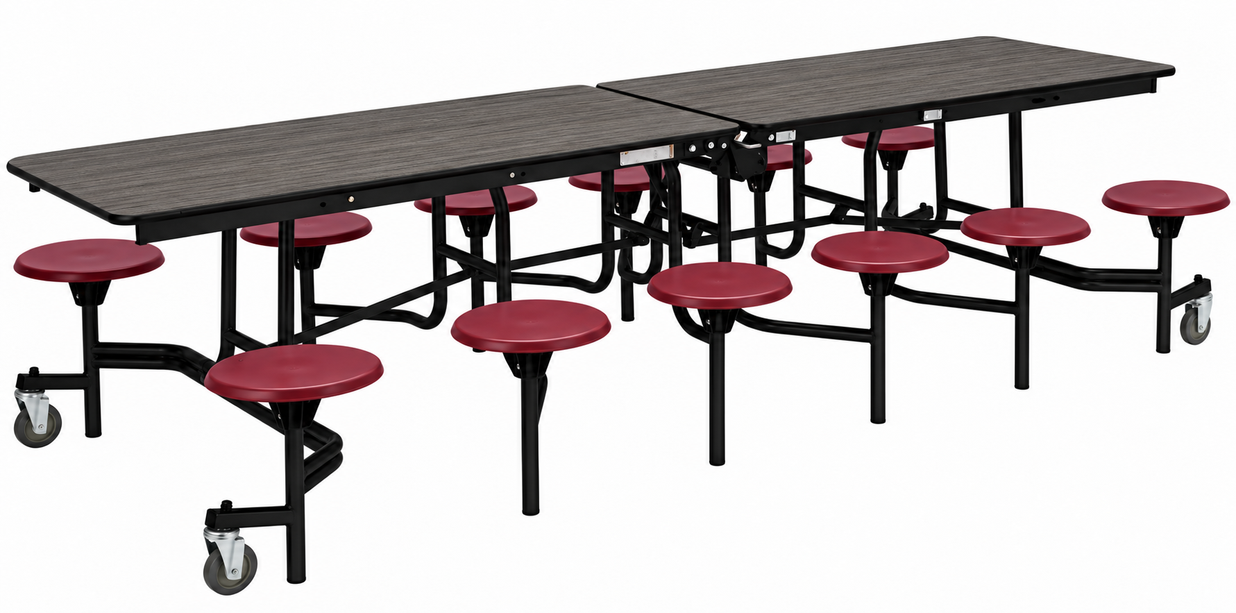 Mobile Cafeteria Table — 10 ft — 12 Stools — Dark Walnut / Maroon