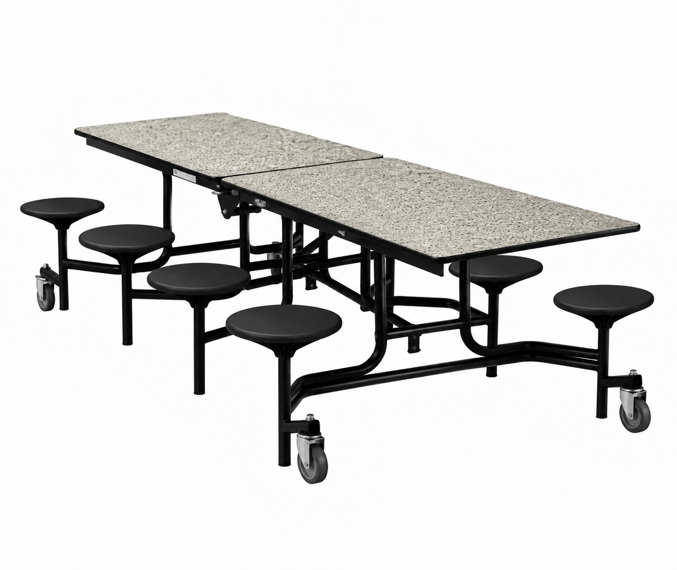 Mobile Cafeteria Table — 8 ft — 8 Stools — Grey Speckled Granite / Black