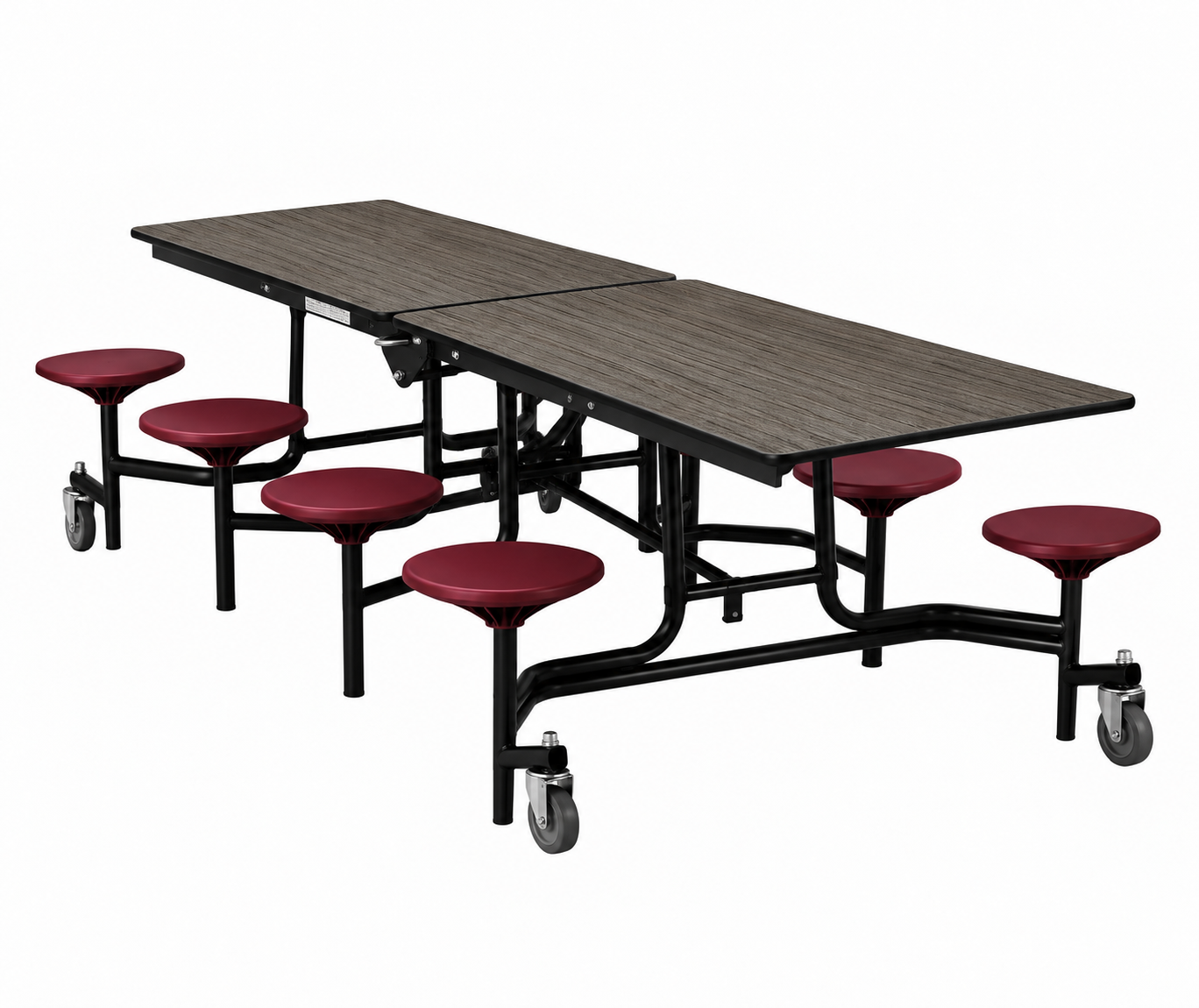 Mobile Cafeteria Table — 8 ft — 8 Stools — Graphite Woodgrain / Maroon