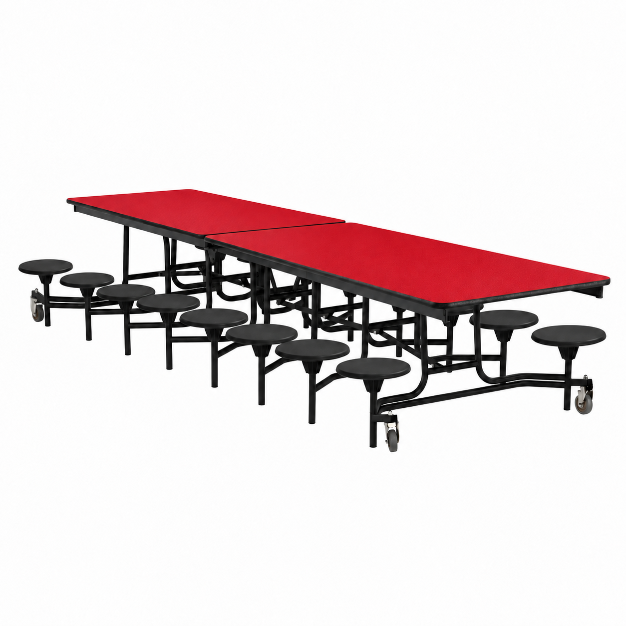 Mobile Cafeteria Table — 13 ft — 16 Stools — Red / Black