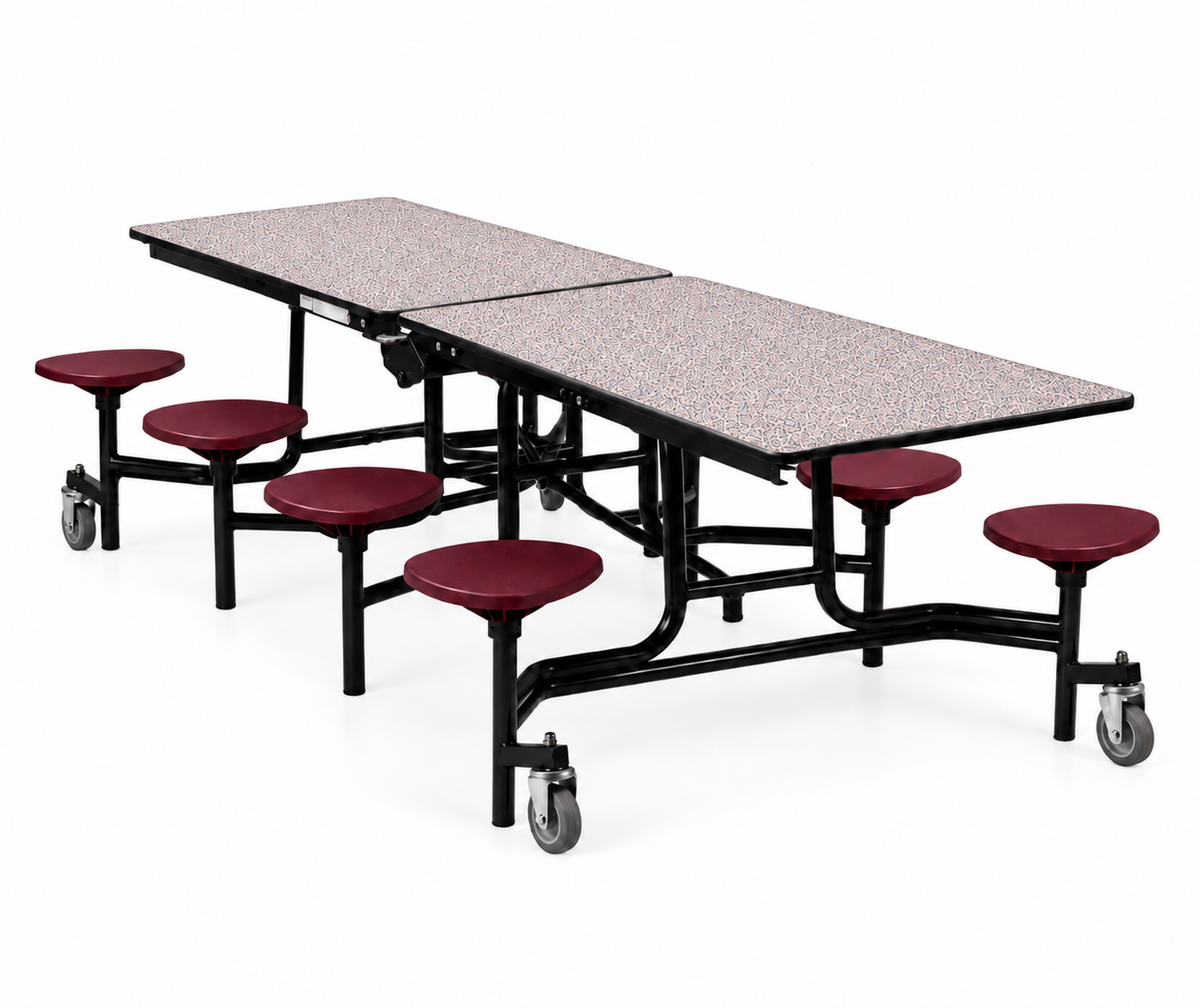 Mobile Cafeteria Table — 8 ft — 8 Stools — Confetti Fleck / Maroon